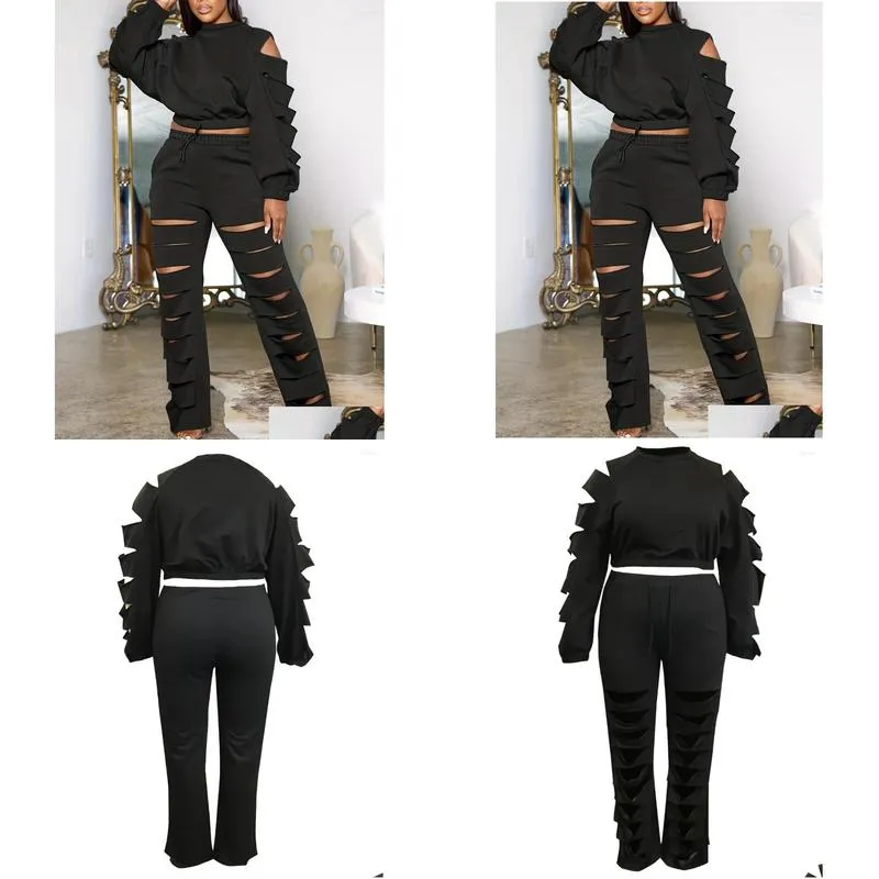Women`s Tracksuits 4XL 5X LW Plus Size Autumn Winter Women Cut Out High Waist Pants Set Daily Casual Round Neck Long Sleeve Two-piece