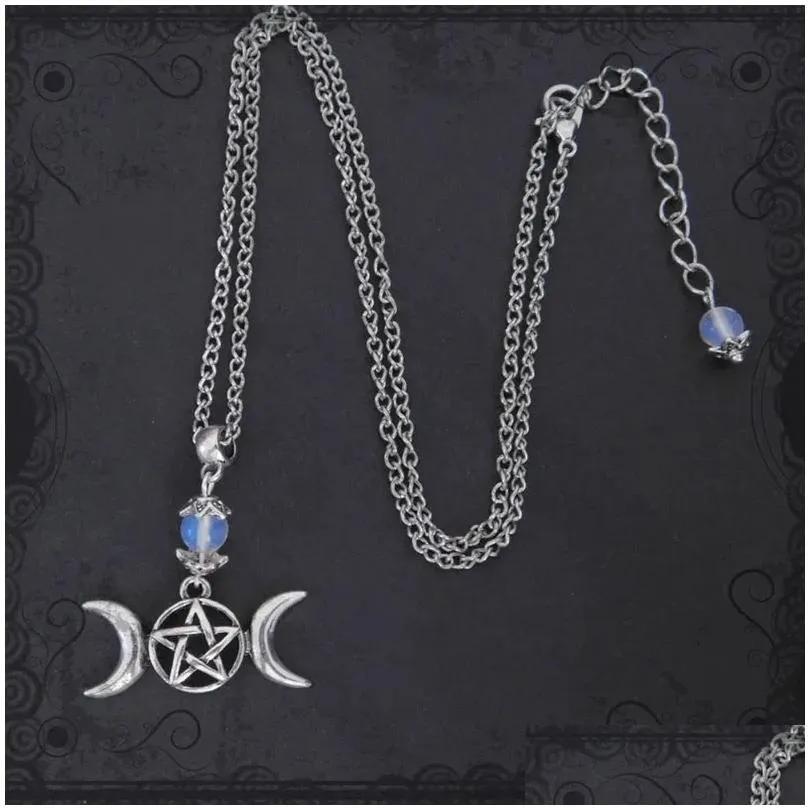 Pendant Necklaces Triple Moon Goddess Wicca Witchcraft Pagan Necklace Bead Charms Pentagram Metal Alloy Jewelry Fit Women Gifts