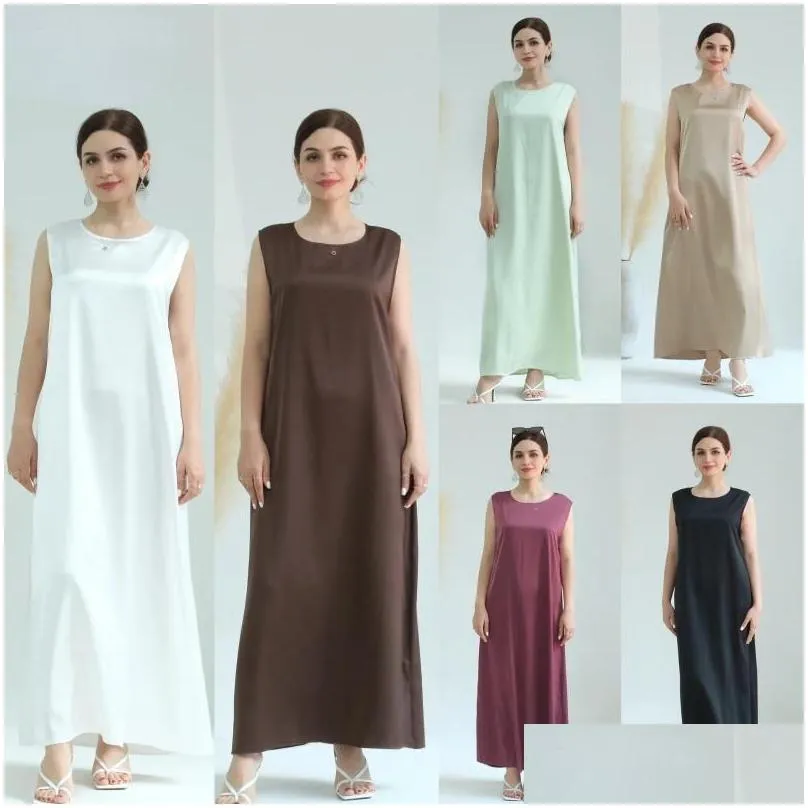 Ethnic Clothing White Satin Under Abaya Slip Dress Dubai Muslim Wear Sleeveless Inner Dresses For Women Moroccan Kaftan Robe Islamic