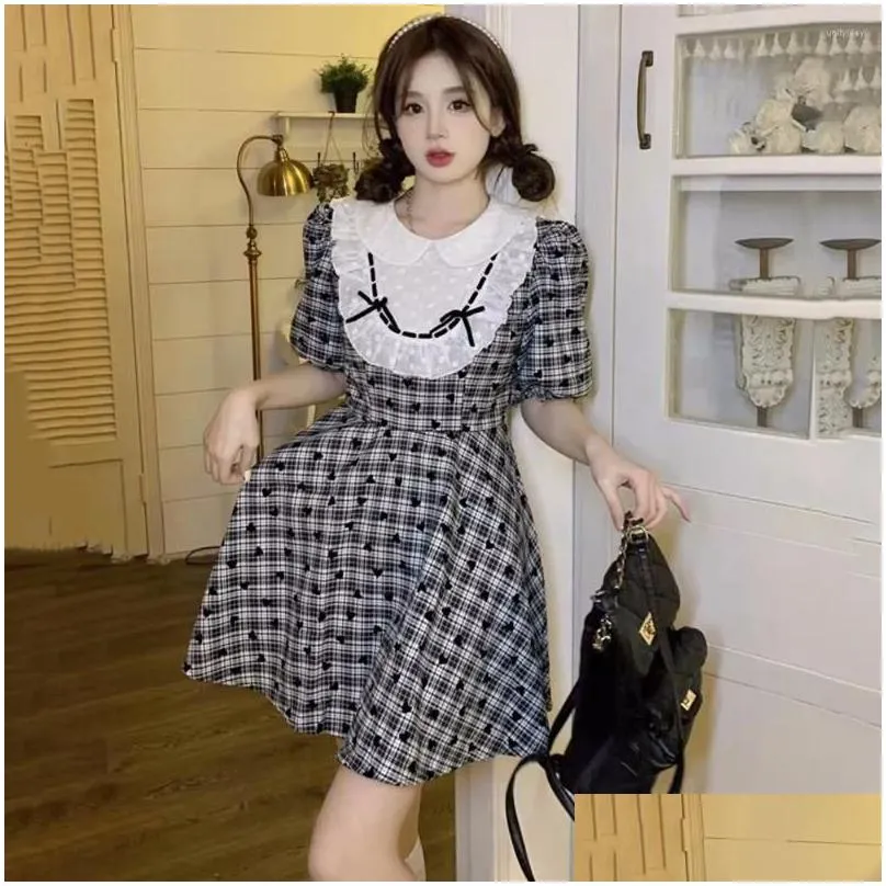 Party Dresses French Vintage Plaid Women Bubble Sleeve Preppy Style Bow Woman Mini Dress For Summer 2024 Vestidos Clothes