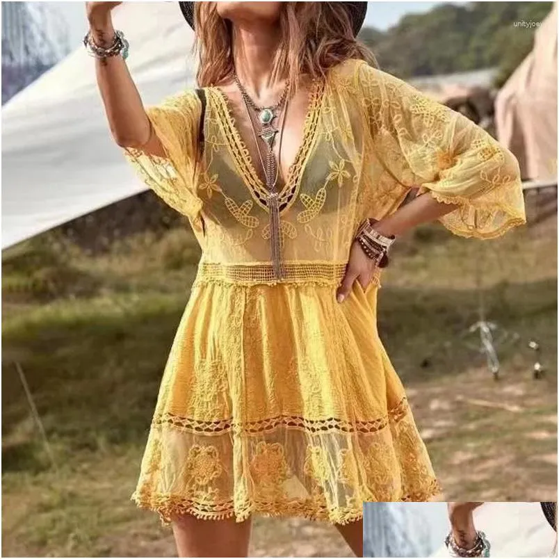 Women`s Swimwear Bikini Cover Up Lace Hollow Out Summer See Through Sun Protection Tunic For Beach Boho Beachwear Solid Dresses