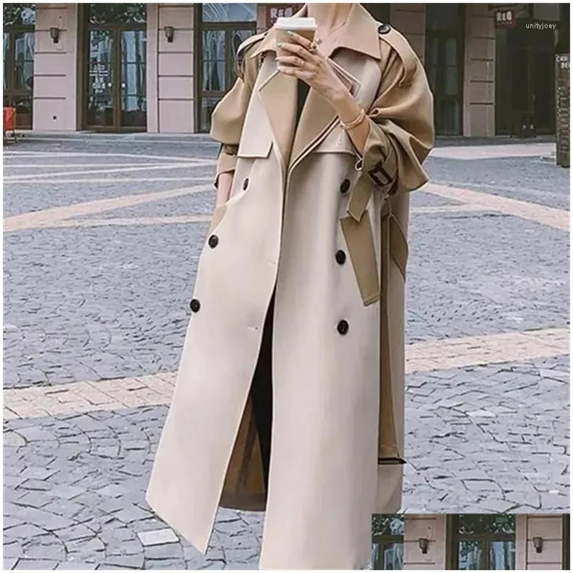 Women`s Trench Coats Fashion Double-Breasted Windbreaker Women Long Spring And Autumn 2024 High-Grade Contrast Stitching Knee-Length