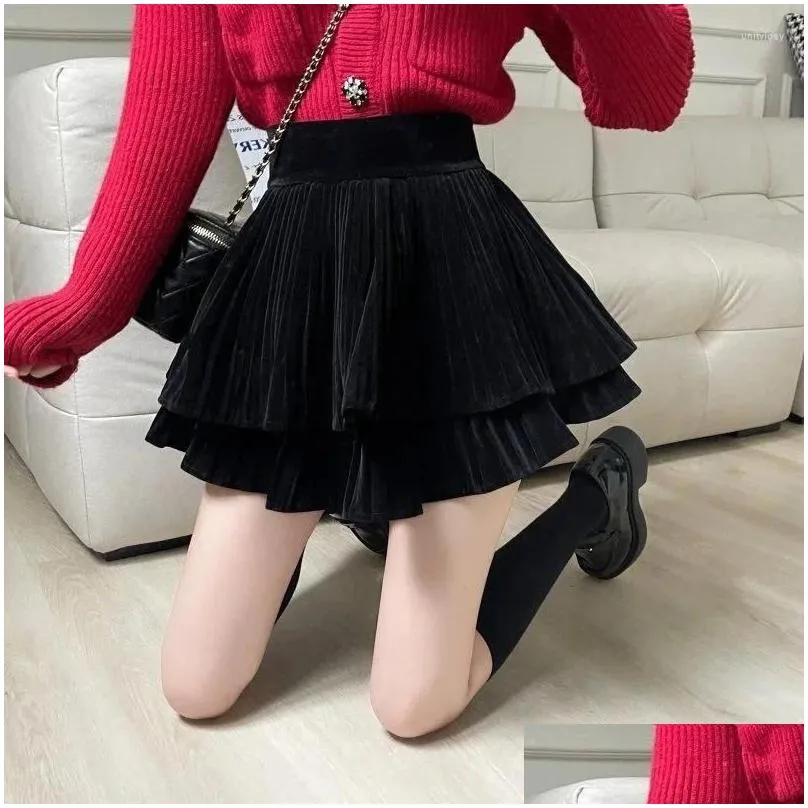 Skirts Velvet High Waist A-shaped Skirt 2024 Pleated Women Ropa Mujer Mini Clothes For
