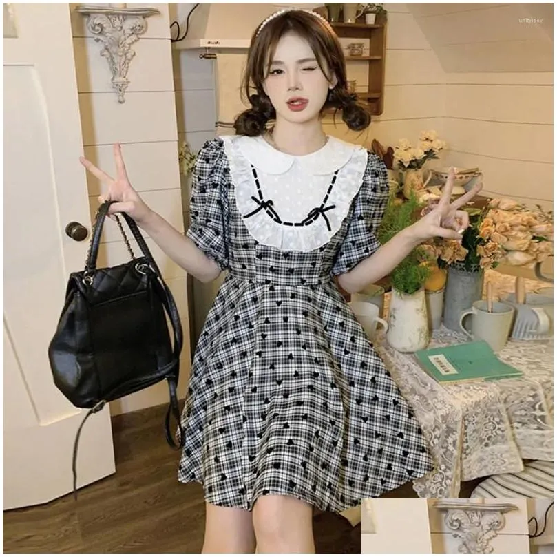 Party Dresses French Vintage Plaid Women Bubble Sleeve Preppy Style Bow Woman Mini Dress For Summer 2024 Vestidos Clothes