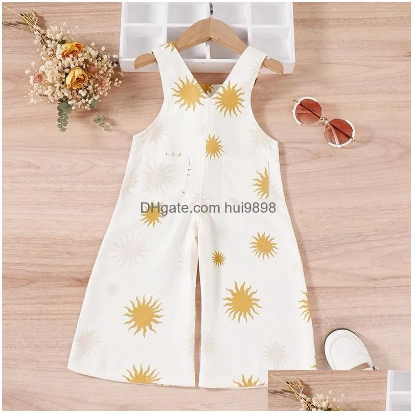 fashion summer children kids girls jumpsuits 15years sun flower print sleeveless button pocket suspender pants clothes 240307