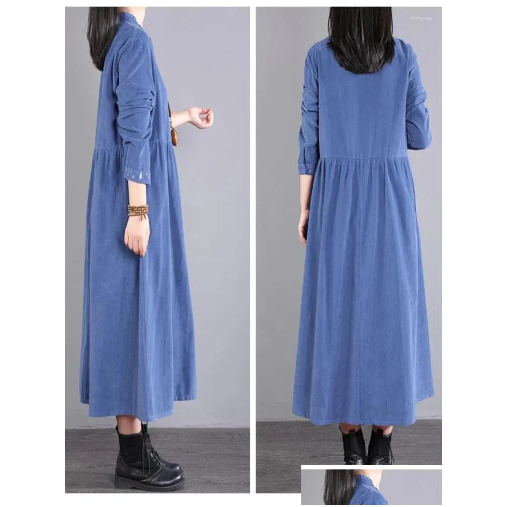 Casual Dresses Corduroy Autumn Winter Dress Elegant 2023 Women`s Long Loose O-Neck Sleeve Fashion Embroidery Vintage Vestido