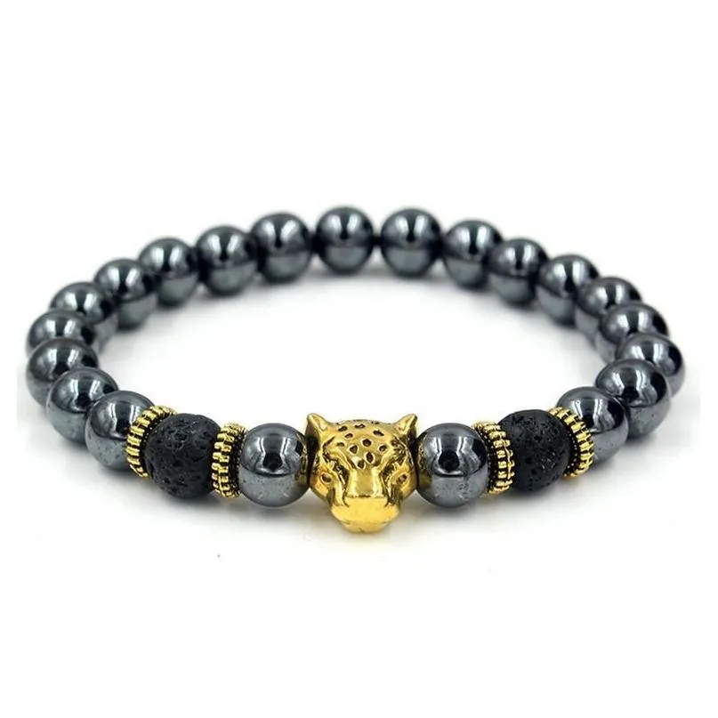 Black Hematite Beaded Strands Stone Lava Rock Bracelets Alloy Gold Plated Silver Skull  Owl For Women Men Bracelet