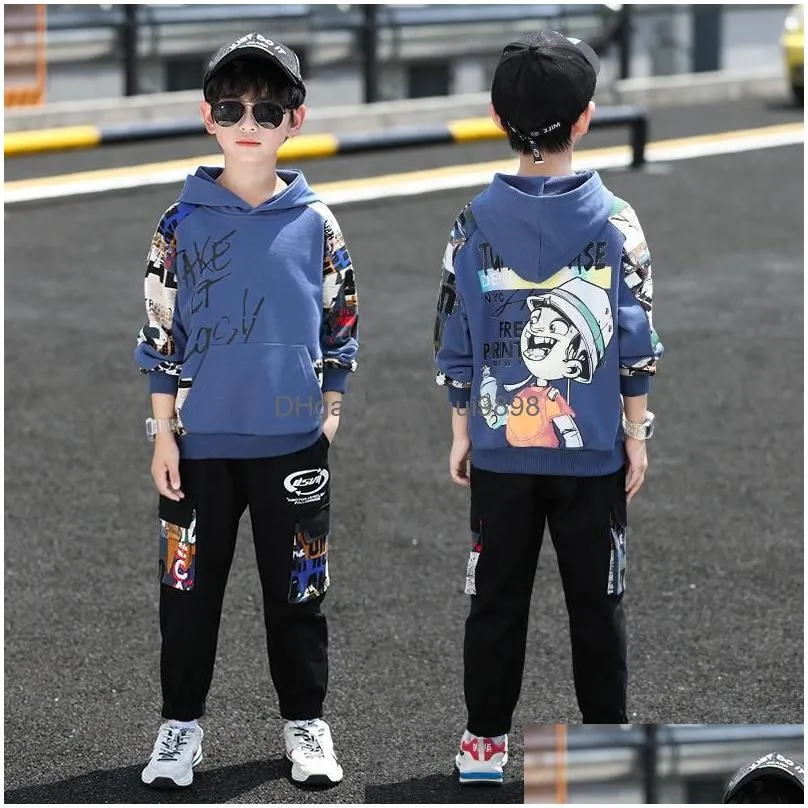 clothing sets 2021 hip hop boy anime suit teenager children korean graffiti hooded cotton sweater add pants 5 6 7 8 9 10 11 12 year