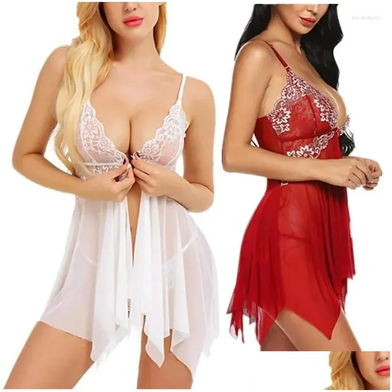 Women`s Sleepwear Women Sexy Night Dress Erotic Lingerie Front Closure Transparent Lace Underwear 2024 Floral Sex Woman Nightie