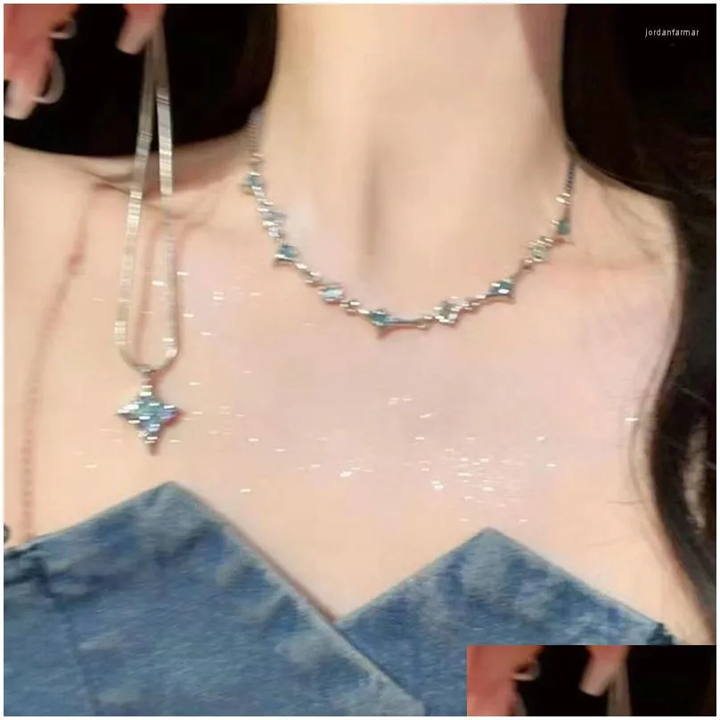 Pendant Necklaces Retro Double Layer Four Pointed Star Necklace Y2K Emo Girls Sweet Cool Rhinestone Clavicle Chain Women Fashion