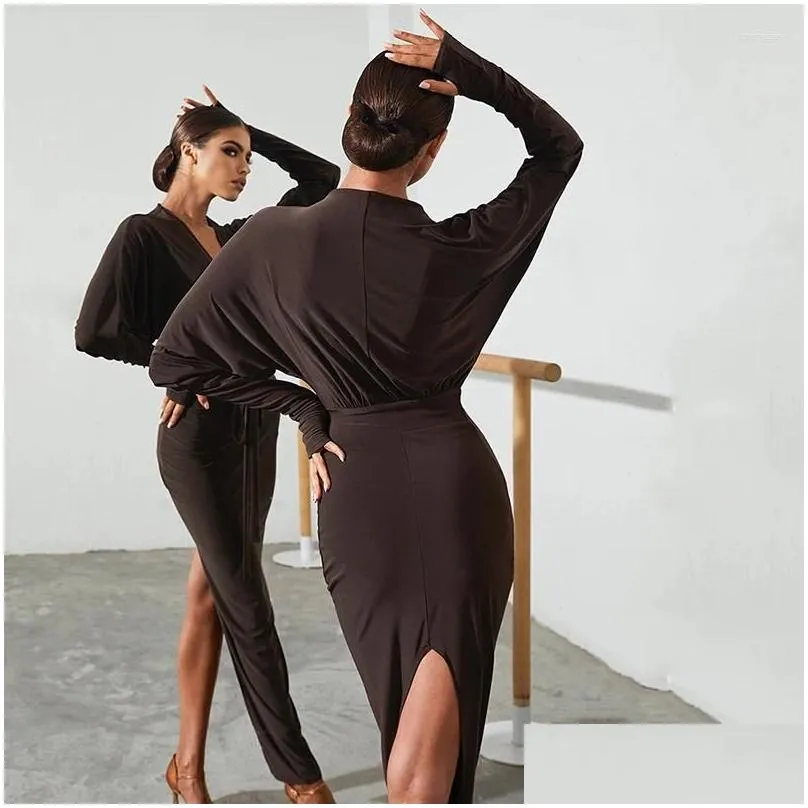 Stage Wear Latin Dance Dress Women Sexy Slit Skirt Samba Show Costume Tango Ballroom Practice Competition Black Long DNV16777