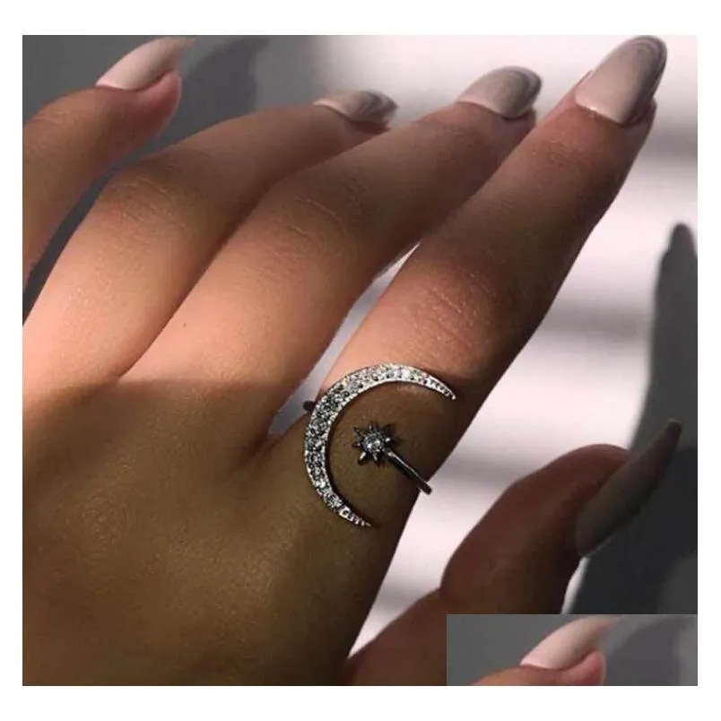 Fashion Moon and Star Finger Rings Creative Opening Ring God Silver for Engagement Gift