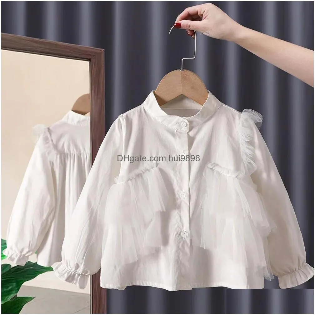 2023 spring and autumn children shirts kids girls blouse sweater stitching fake twopiece set baby cute white 240307