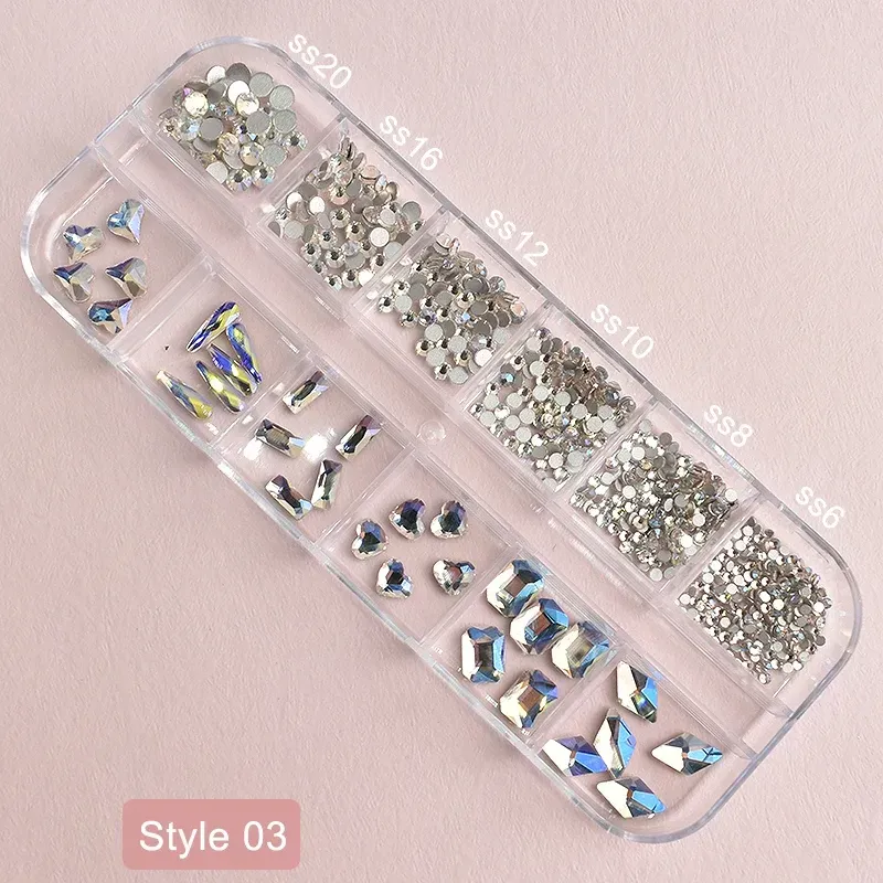 Decorations 12 Grid Box Crystal Nail Art Rhinestone Set Round Flat Glass Mixed Shape Mixed Size Fingernail DIY Decoration Accessories