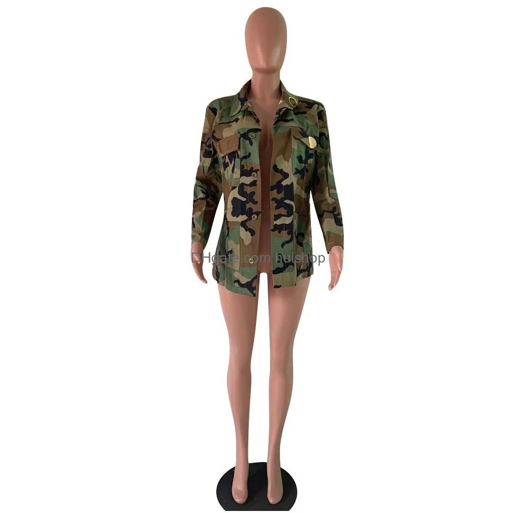 spring autumn green camouflage printed long sleeve jackets for girls women turn down neck single buttonts pockets long coats streetwear