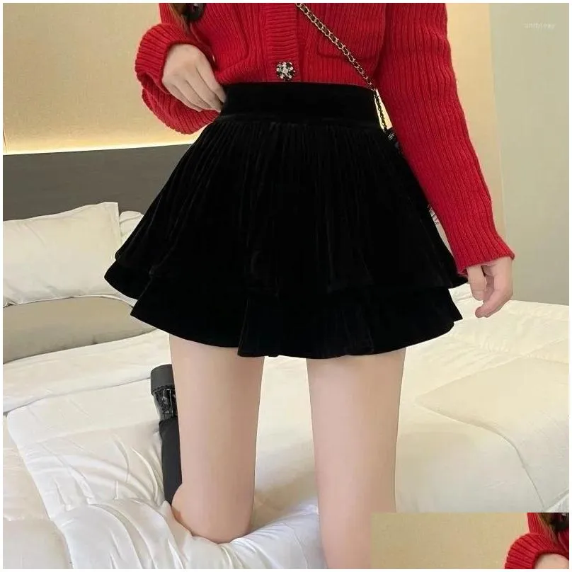 Skirts Velvet High Waist A-shaped Skirt 2024 Pleated Women Ropa Mujer Mini Clothes For