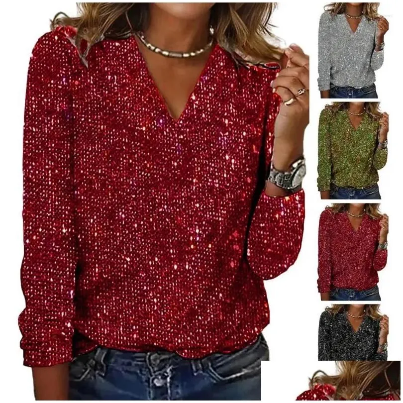 Women`s Blouses Elegant Tee Shirt Top Shiny Sequin Long Sleeve Women Blouse Loose Breathable Club Party Lady