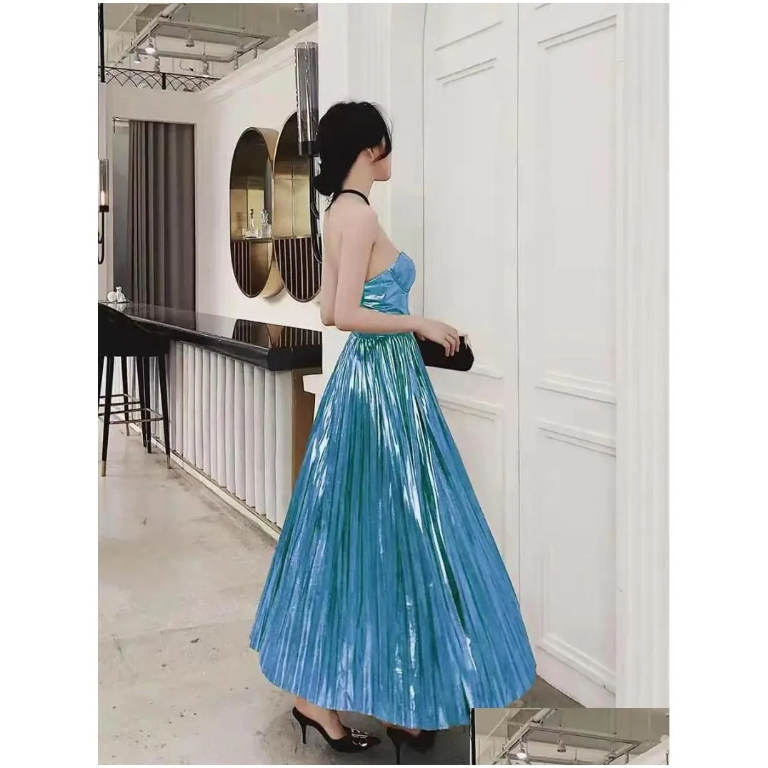 Casual Dresses Solid Pleated Backless Strapless Long Chic Women 2023 Summer Fashion Birthday Evening Party Clothes High Waist Robe