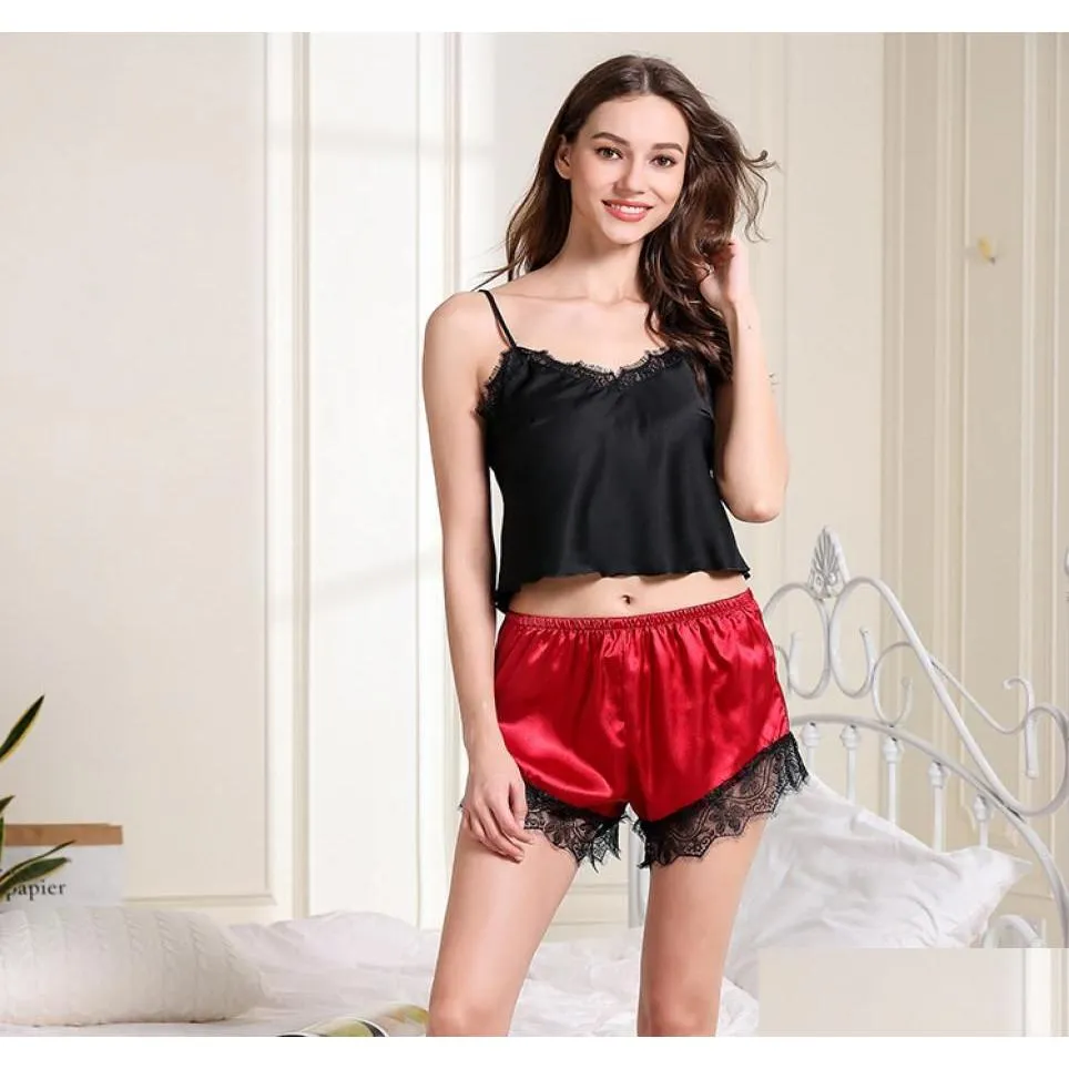 Women039s Sleepwear 2021 Summer Sexy Lace Suspenders Pajamas For Women VNeck Sleeveless Set Top And Shorts9521094