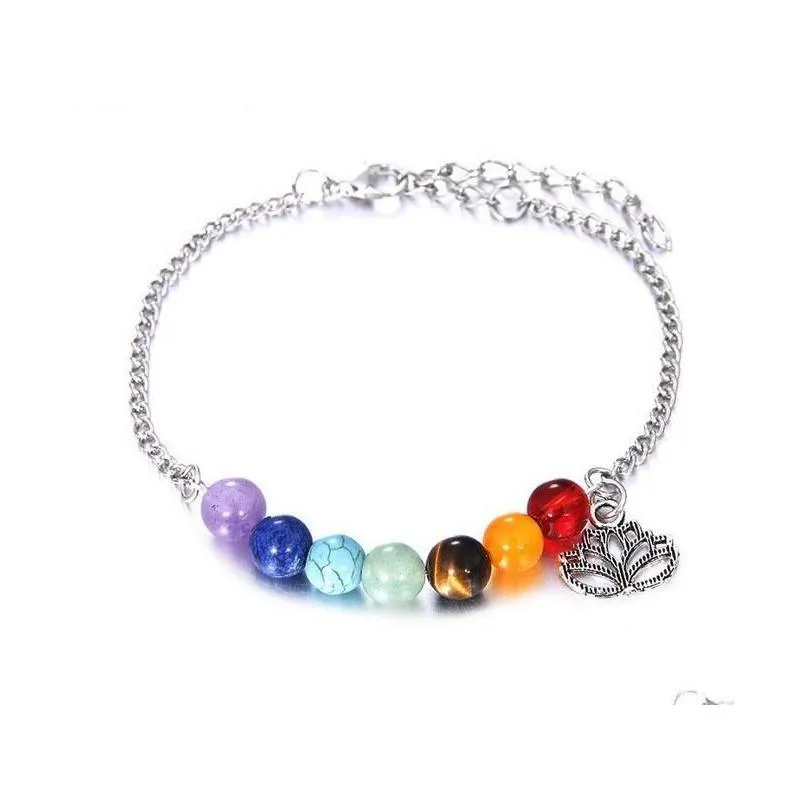 7 Chakras Beaded Strands Bracelet For Women Crystal Healing Balance Beads Nature Stone Bracelets Lotus Charms Yoga Wholesale