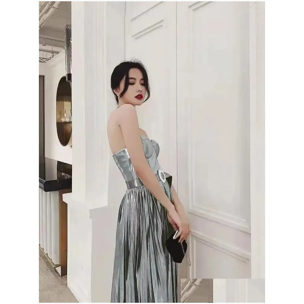 Casual Dresses Solid Pleated Backless Strapless Long Chic Women 2023 Summer Fashion Birthday Evening Party Clothes High Waist Robe