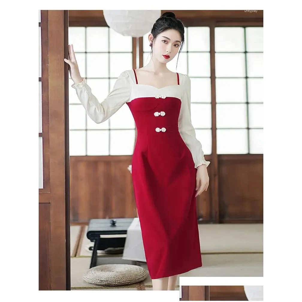 Casual Dresses Chinese Style Vintage For Women Long Sleeve Red Square Neck Elegant Temperament Dress Slim Fit Autumn Retro Vestidos