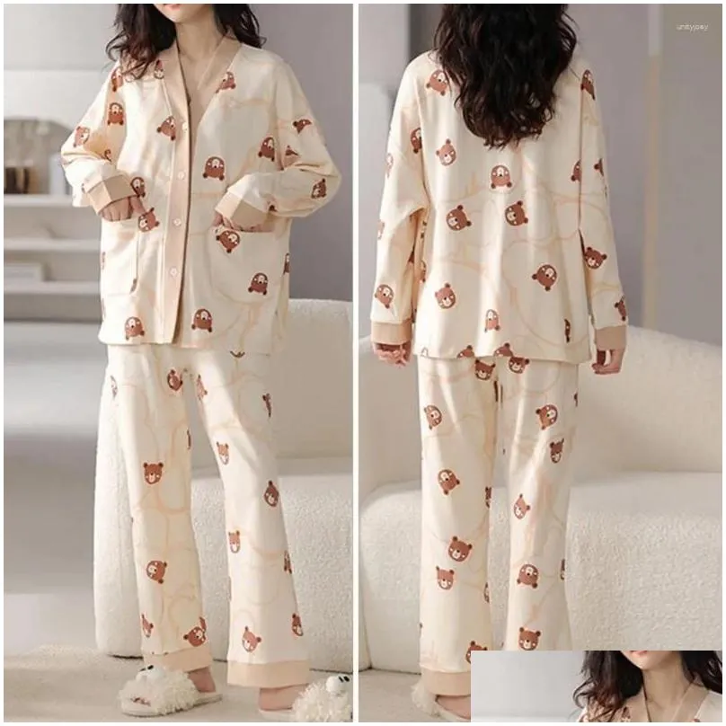 Women`s Sleepwear Long-sleeve Home Wear Cozy Cartoon Print Winter Pajama Set With Single-breasted V Neck Elastic Waist Soft Long For