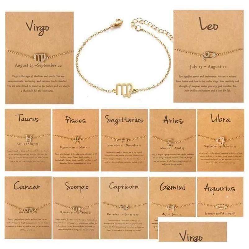 12 Constellations Charm Bracelets with Card Zodiac Horoscope Pattern Chain Bracelet Fashion Jewelry Gifts for Women Wholesale