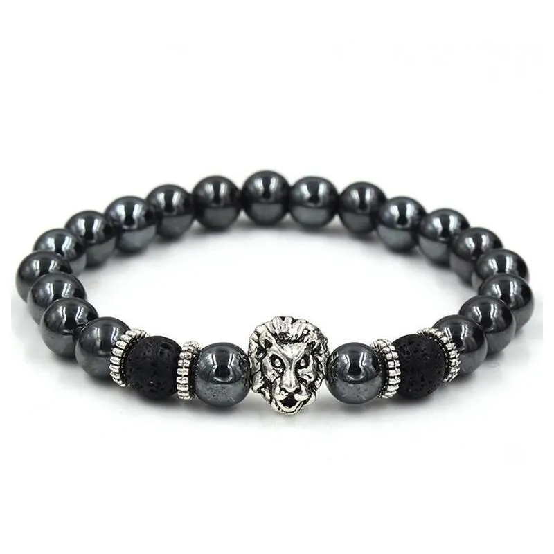 Black Hematite Beaded Strands Stone Lava Rock Bracelets Alloy Gold Plated Silver Skull  Owl For Women Men Bracelet