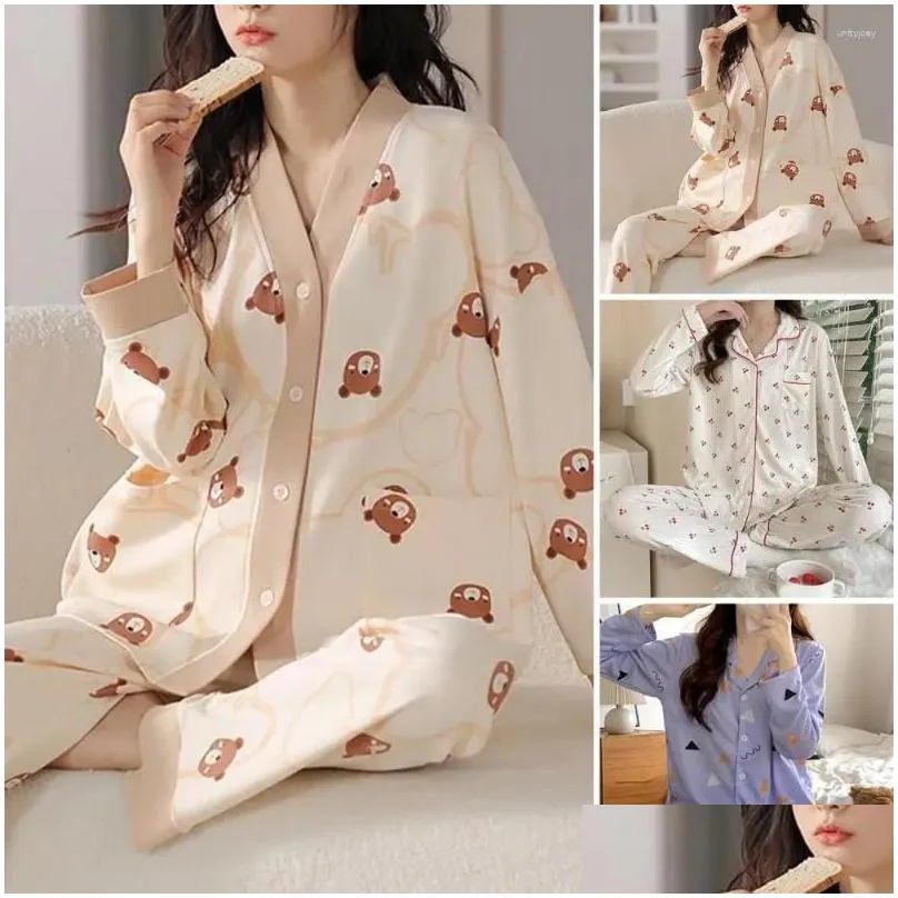 Women`s Sleepwear Long-sleeve Home Wear Cozy Cartoon Print Winter Pajama Set With Single-breasted V Neck Elastic Waist Soft Long For