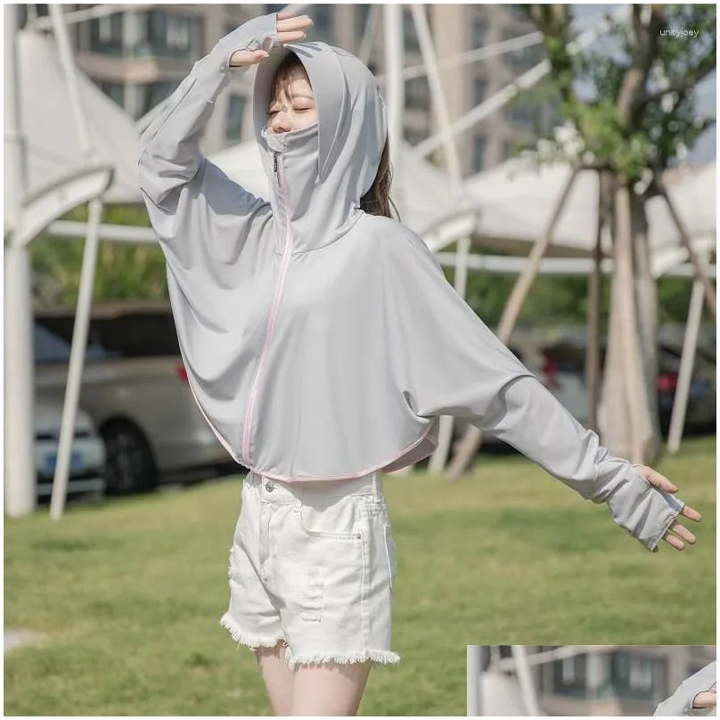 Women`s Jackets Summer Long Sleeve Ice Silk Women Sun Protective Hooded Female Outwear Sunscreen Windbreaker Anti-UV Breathable Zipper