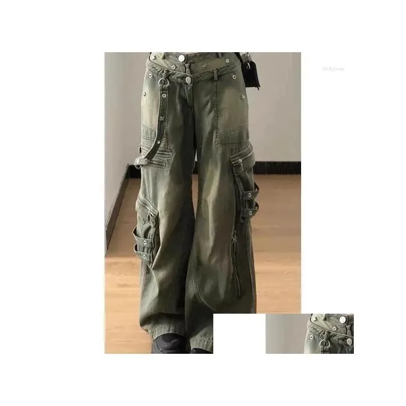 Women`s Jeans Vintage Wash High Street Straight Leg Cargo Pants Fashionable Loose Wide Trousers Versatile Niche Slack Streetwear