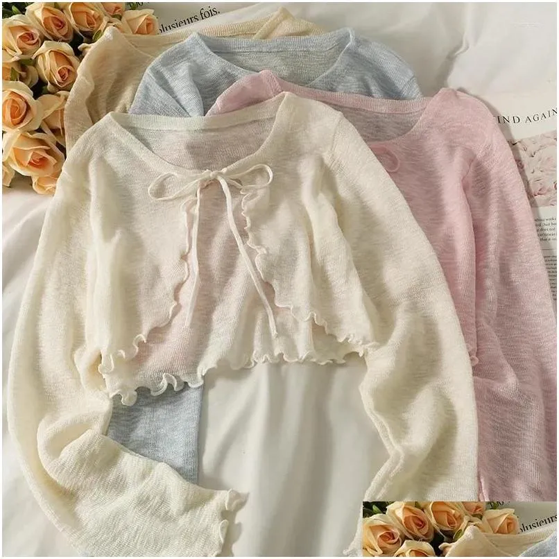 Women`s Blouses Thin Sunscreen Cardigan Lace Up Knitwear Tops Women Coat Shawls Short Casual Korean Protected Style Summer Sun