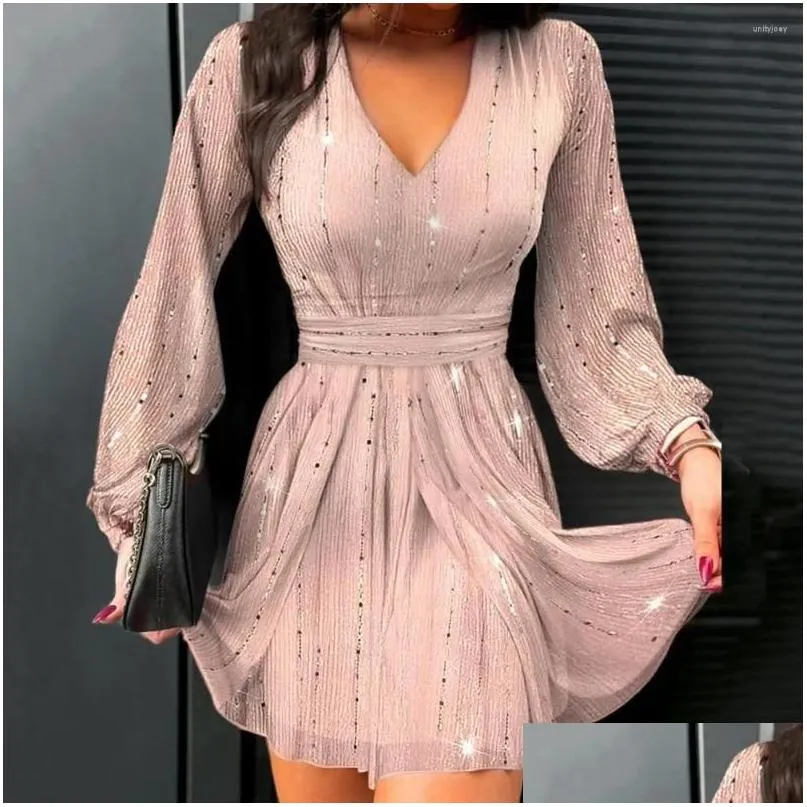 Casual Dresses Waist-cinching Party Attire Elegant V Neck Lantern Sleeve A-line Mini Dress For Women Solid Color Tight Waist Pleated