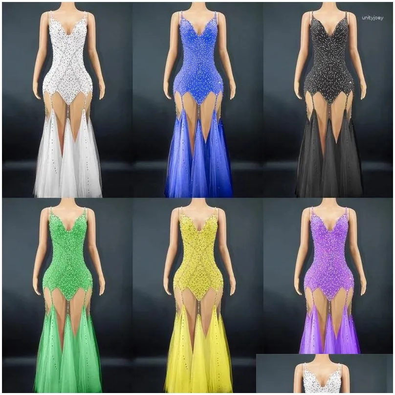 Stage Wear 9 Colors Full Diamond Pearl Sling Long Dress Sexy Mesh Evening Birthday Celebrate Costumes Women Party Outfit XS4983