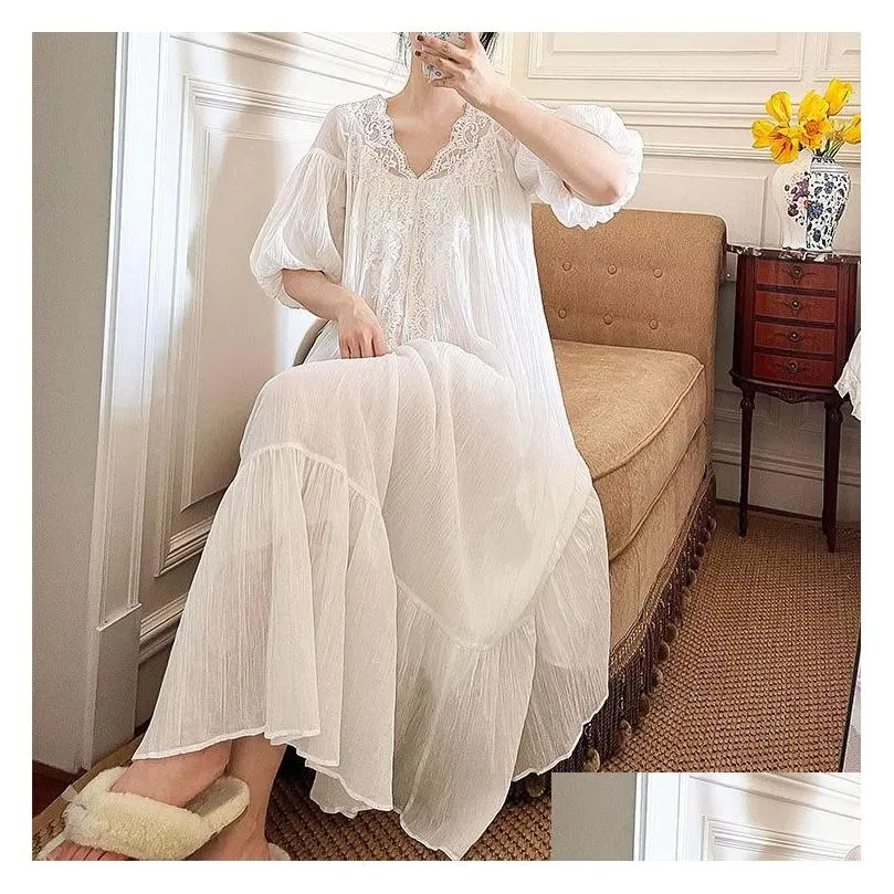 Women`s Sleepwear Vintage Women French Style Lace Dress Ladies Short Sleeves V Neck Nightgowns Cotton Long Nightdress Nightie