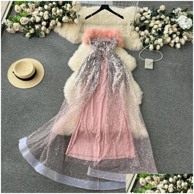 Casual Dresses Silver Sexy Club Elegant Fur Strapless Fairy Evening Dress Women Sleeveless Pink Sequins Mesh Slim Paty Long Summer