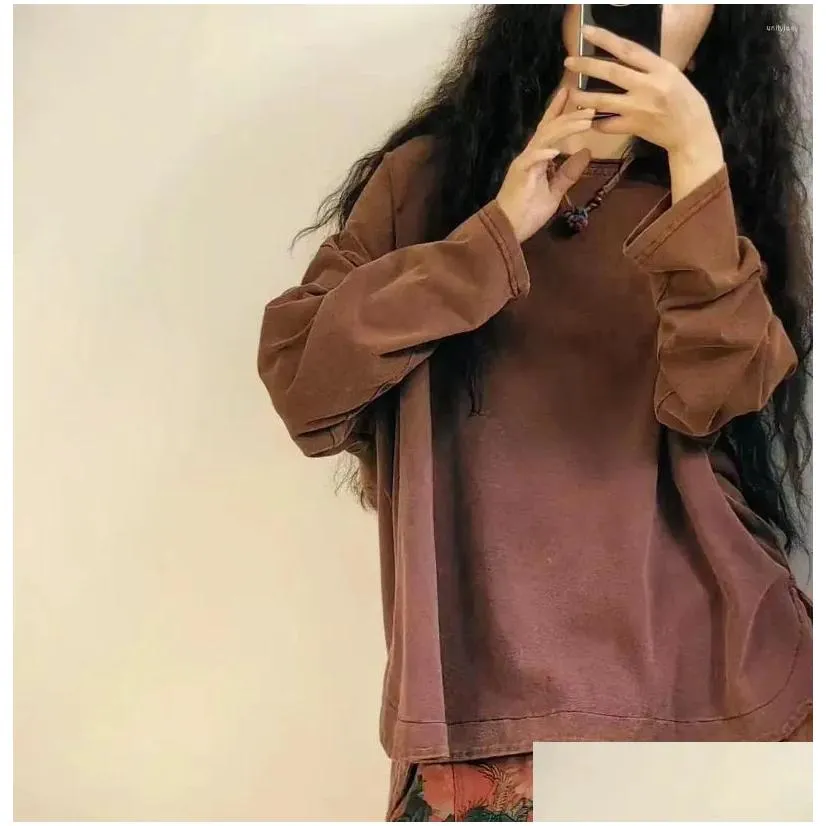 Women`s T Shirts 24Women T-Shirts Spring Autumn Retro Vintage Gradient Loose Full Sleeve Asymmetrical O-Neck Collar Female Tide Tops