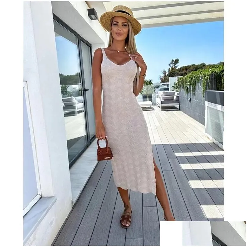 Women`s Swimwear 2023 Knitted Tunic Bikini Cover-ups Sexy Slim Slit Strappy Dress Women Summer Sundress See Through Cover Up Beach