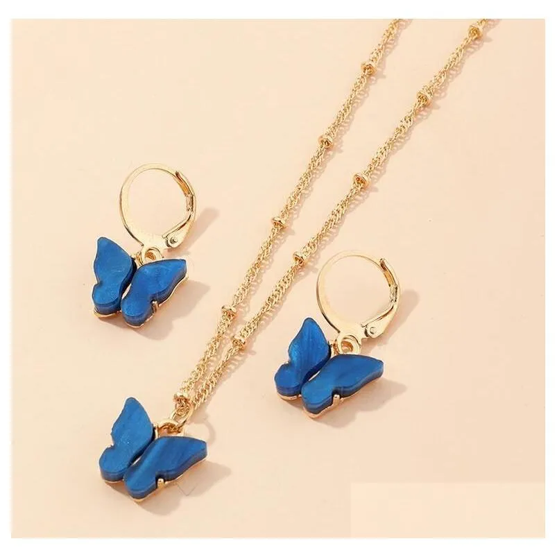 NEW Butterfly Pendant Necklaces And Earrings Set For Women Girls Fashion Pink Gold Necklace Elegant Choker Sweet Jewelry Gift Epacket