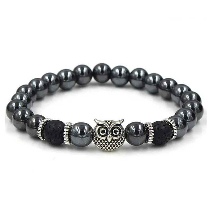 Black Hematite Beaded Strands Stone Lava Rock Bracelets Alloy Gold Plated Silver Skull  Owl For Women Men Bracelet