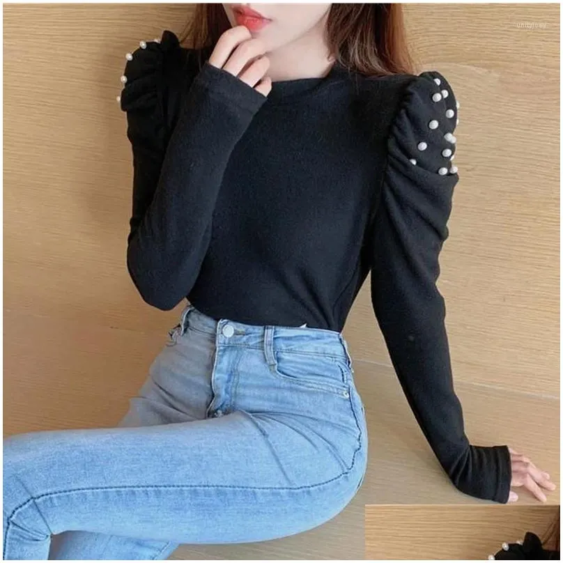 Women`s Sweaters Lucyever Pearls O-Neck Slim Women Sexy Knitted Puff Sleeve Jumpers Woman 2023 Spring Fashion Elegant Tops Mujer