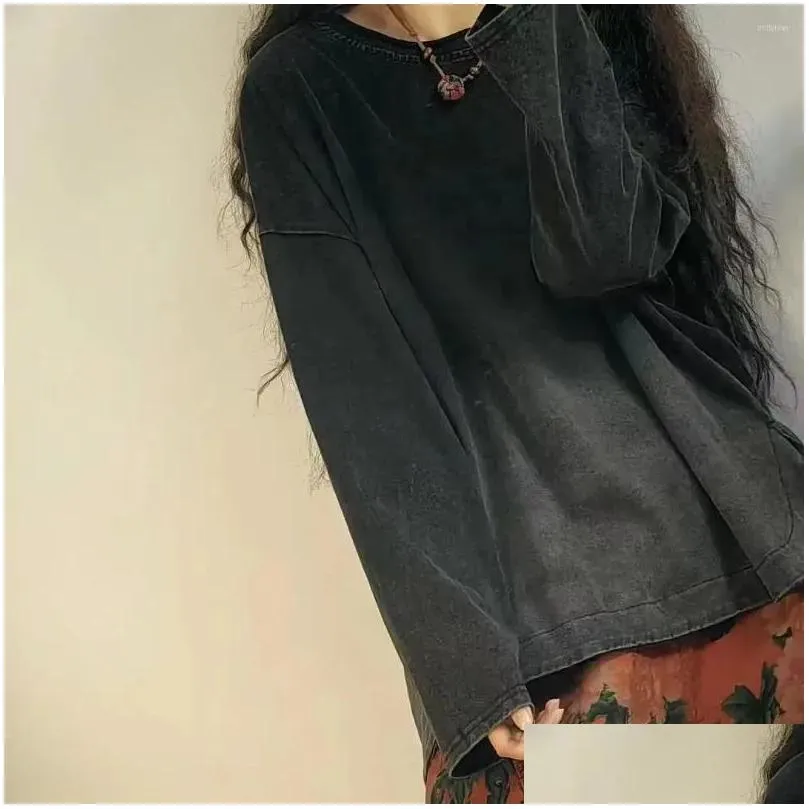 Women`s T Shirts 24Women T-Shirts Spring Autumn Retro Vintage Gradient Loose Full Sleeve Asymmetrical O-Neck Collar Female Tide Tops