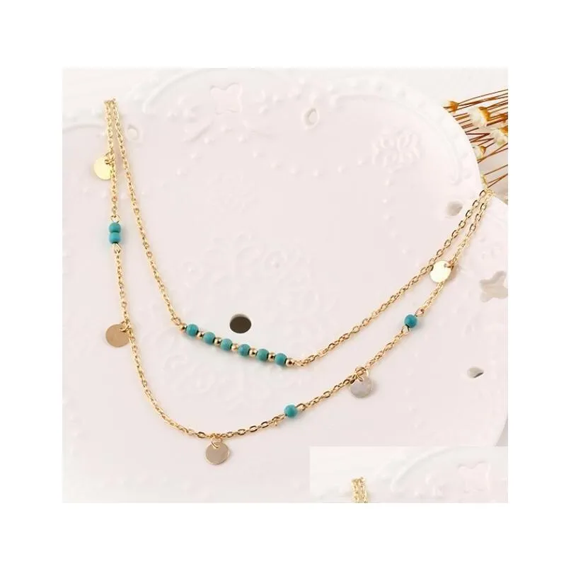 String Tassel Bar Multilayer Necklace Vintage Boho Turquoise Beads Pendants Long Charms Chains Necklaces