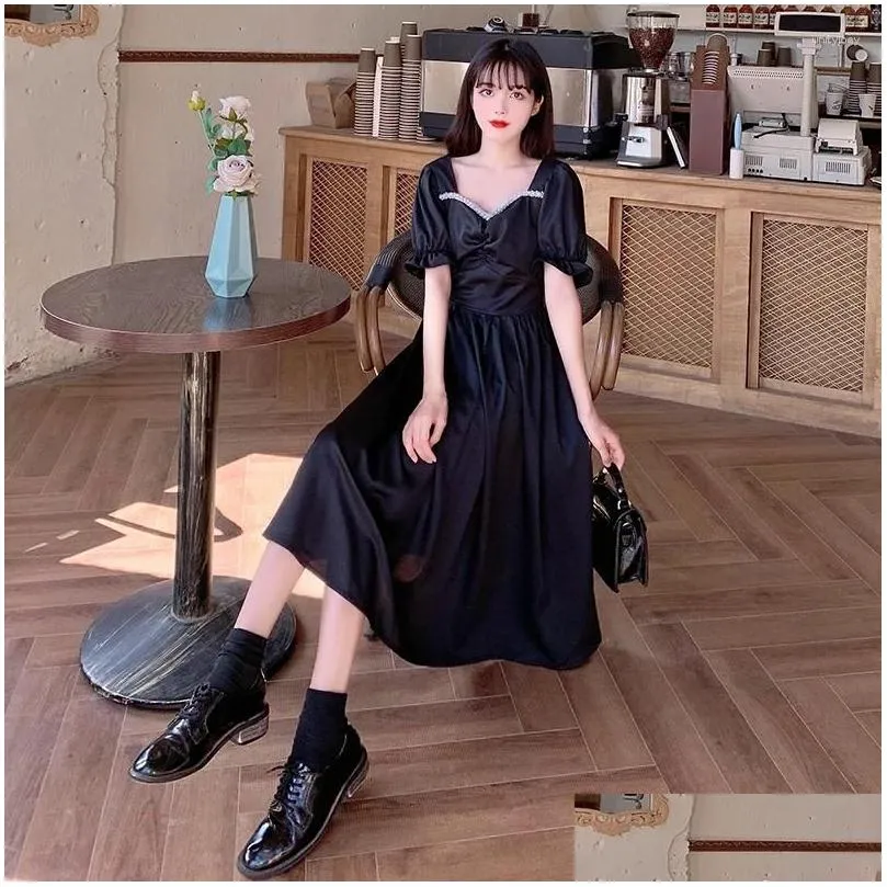 Party Dresses Black Evening Dress Women`s Summer Retro Puff Sleeve Female Fashion Slim Korean Diamond Bohemian Long 4XL