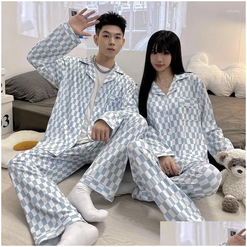 Women`s Sleepwear Spring Style Couple Pajamas Cotton Imitation Long Sleeve Autumn Cardigan Small Lapel Casual Large Men`s Home Suit