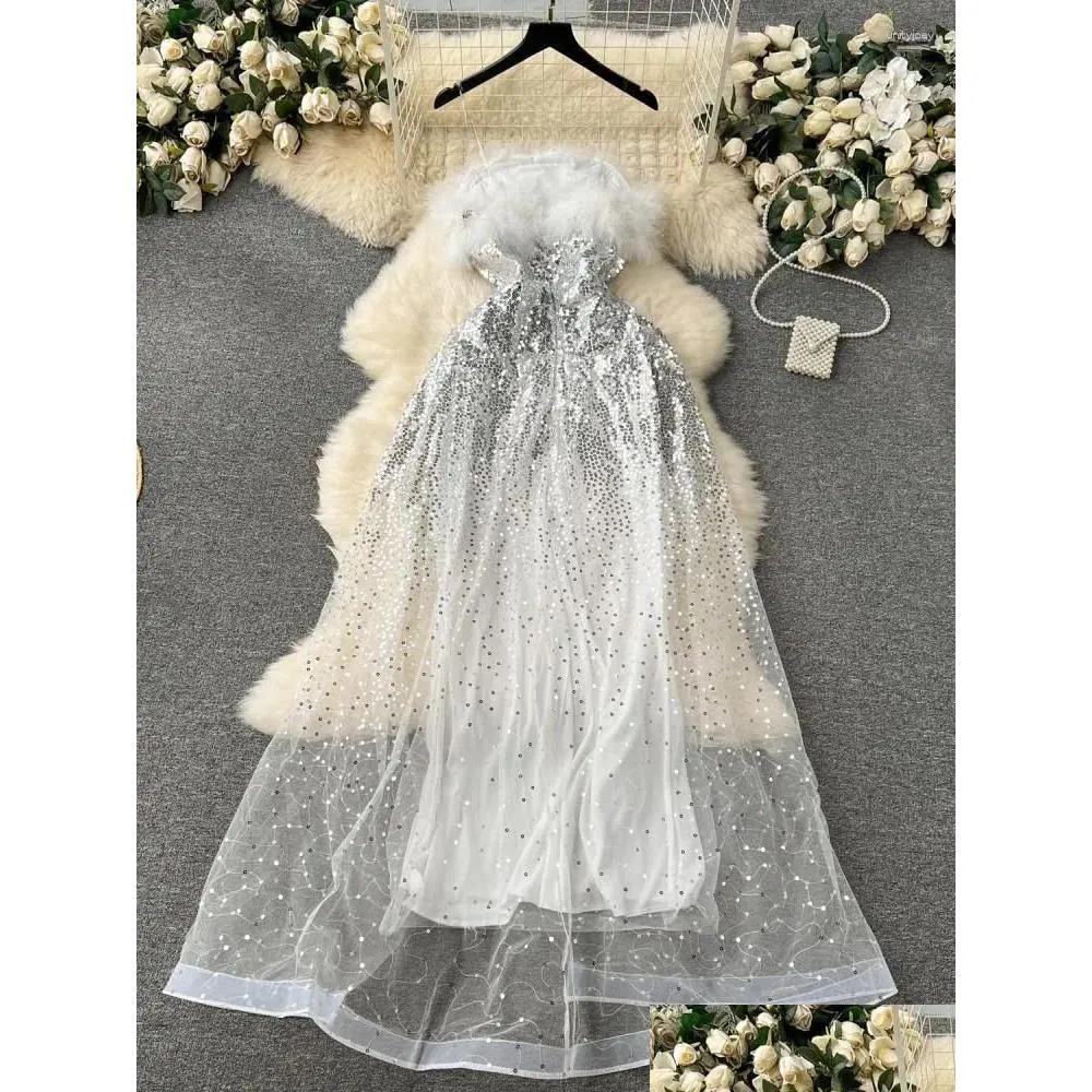 Casual Dresses Silver Sexy Club Elegant Fur Strapless Fairy Evening Dress Women Sleeveless Pink Sequins Mesh Slim Paty Long Summer