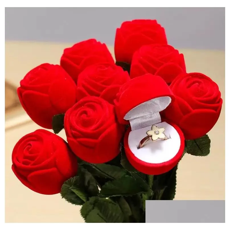 Gift Wedding Boxes Rose Shaped Ring Box Mini Cute Red Carrying Cases For Rings Display Jewelry Packaging1