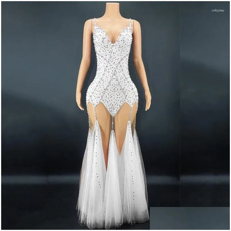 Stage Wear 9 Colors Full Diamond Pearl Sling Long Dress Sexy Mesh Evening Birthday Celebrate Costumes Women Party Outfit XS4983
