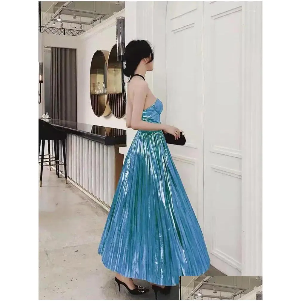 Casual Dresses Solid Pleated Backless Strapless Long Chic Women 2023 Summer Fashion Birthday Evening Party Clothes High Waist Robe